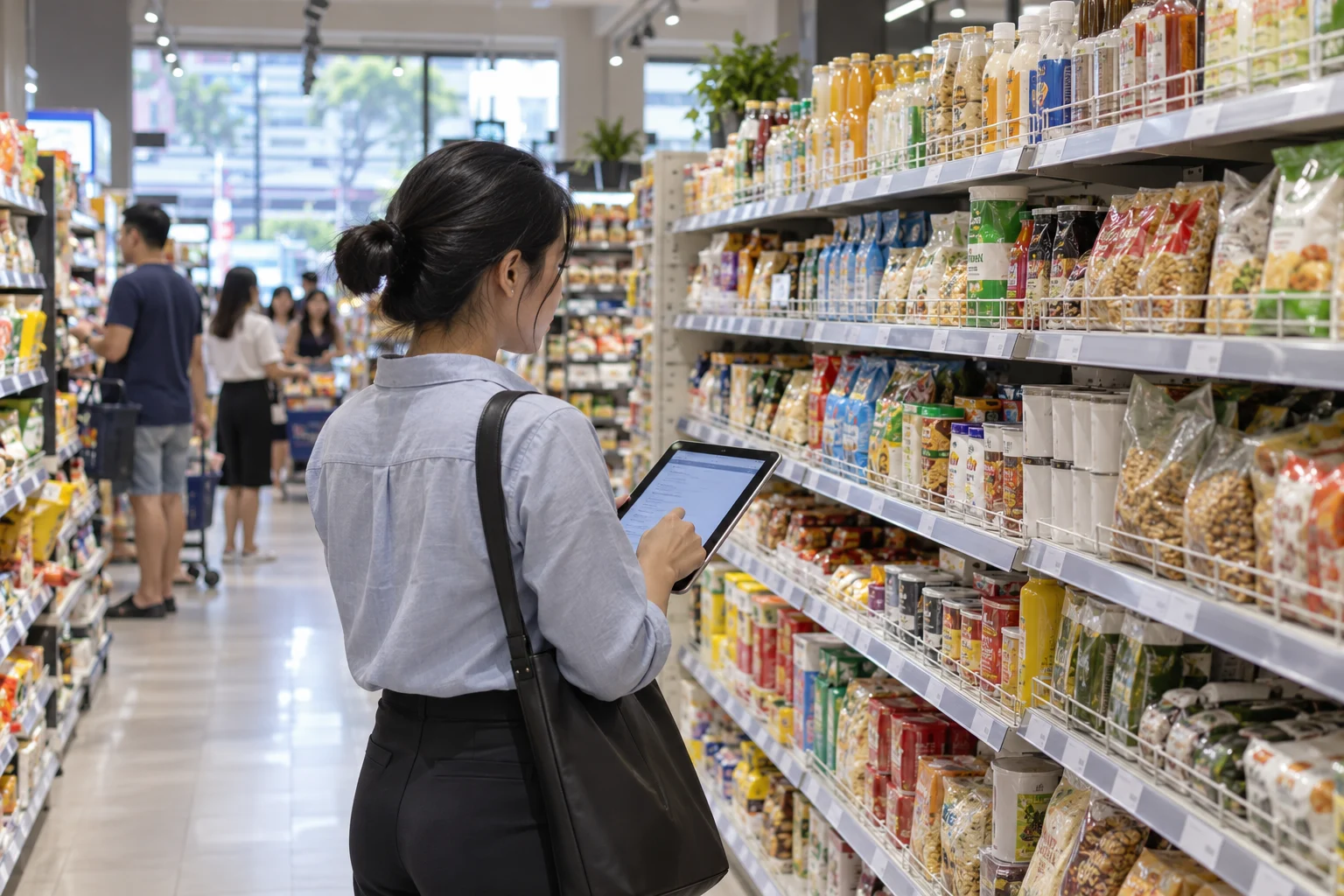 ベトナムの小売店で商品棚を調査するリサーチャーを表現したAI生成イメージ